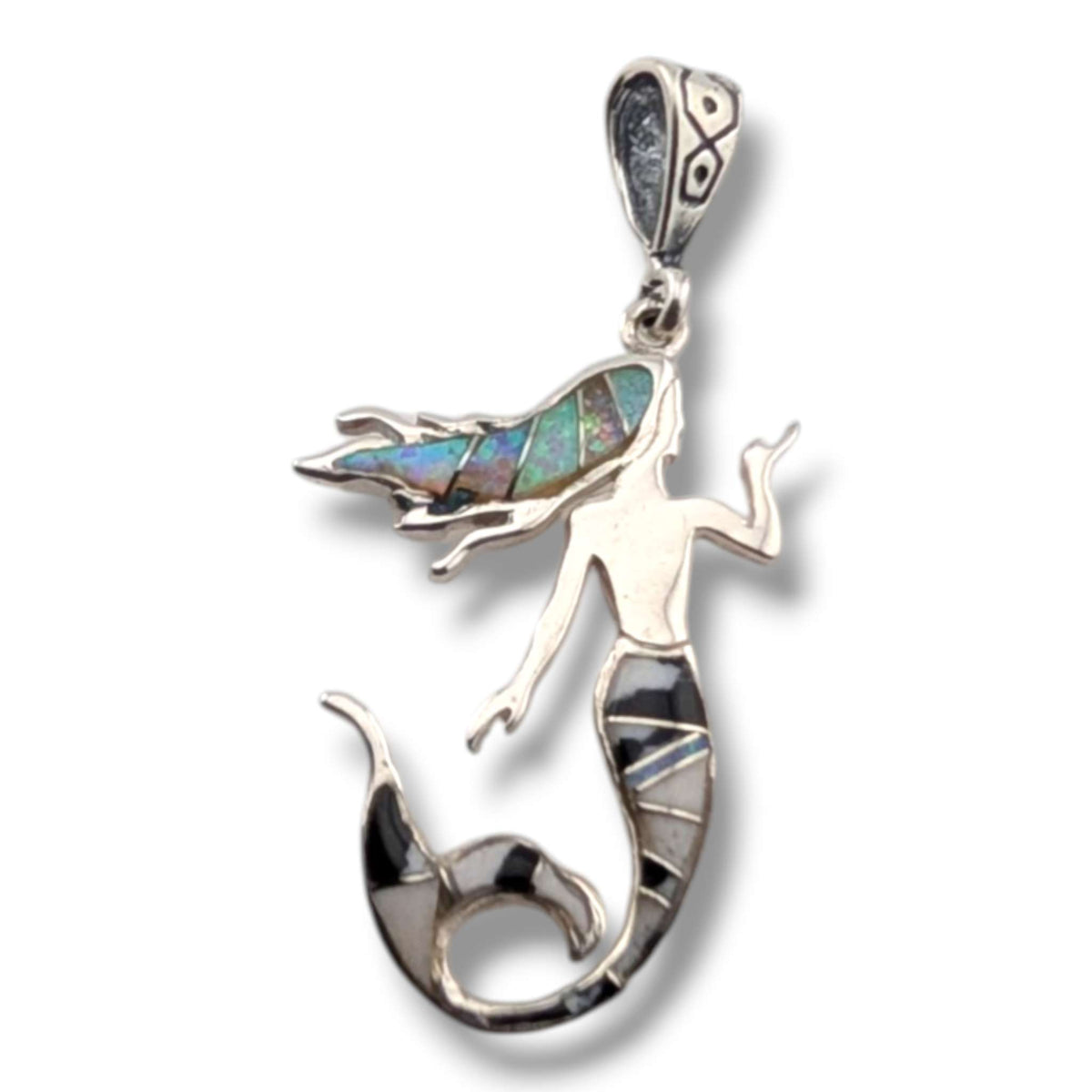 Sterling Silver Mermaid Pendant White Opal and White Buffalo Inlay