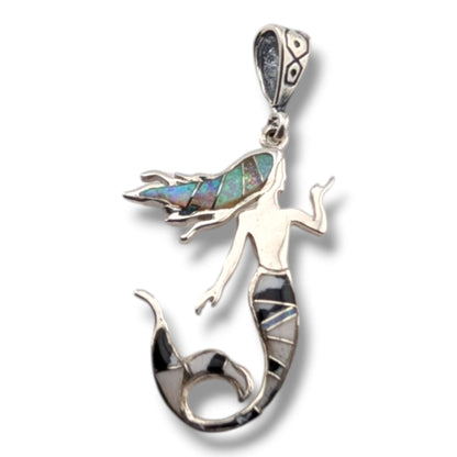 Sterling Silver Mermaid Pendant White Opal and White Buffalo Inlay