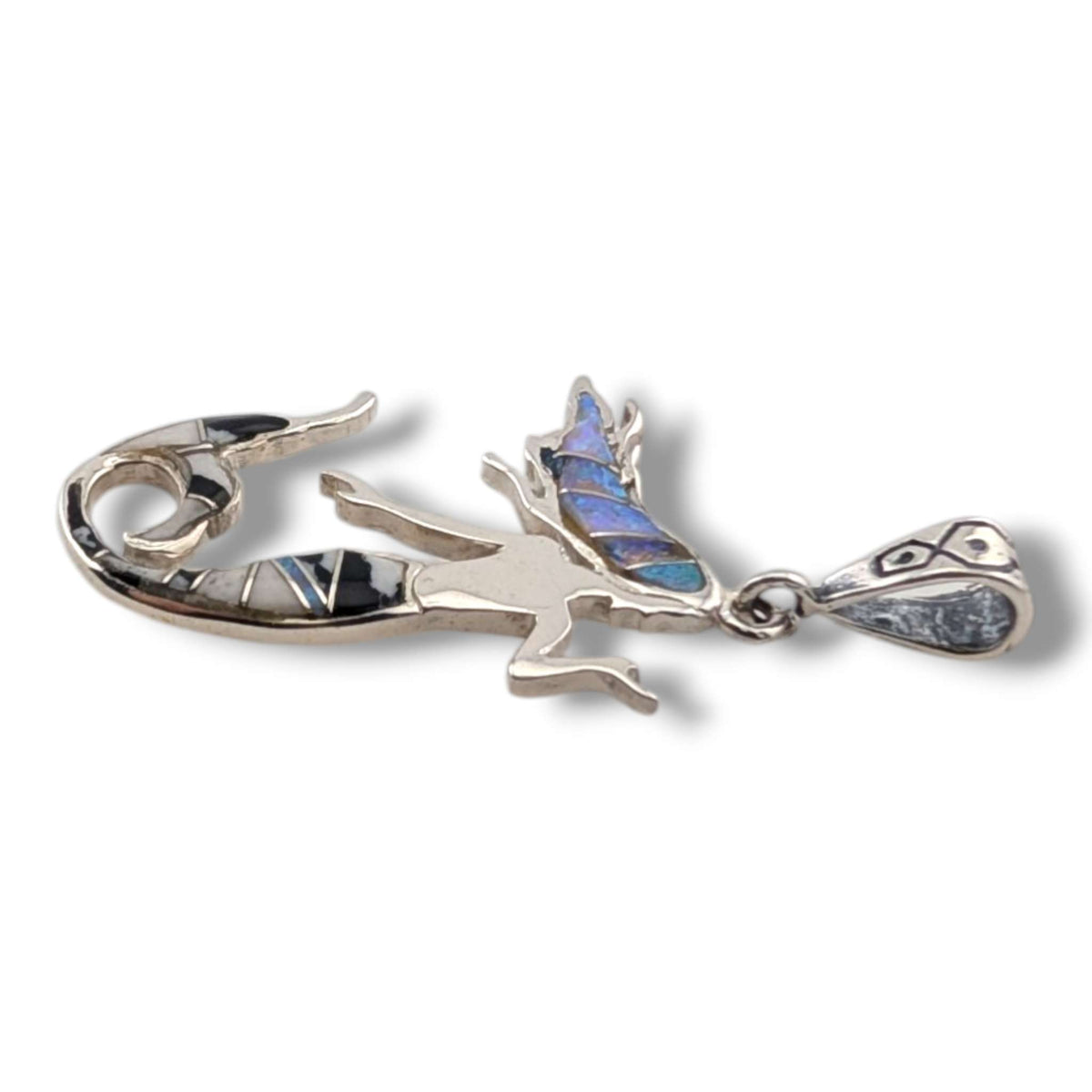 Sterling Silver Mermaid Pendant White Opal and White Buffalo Inlay