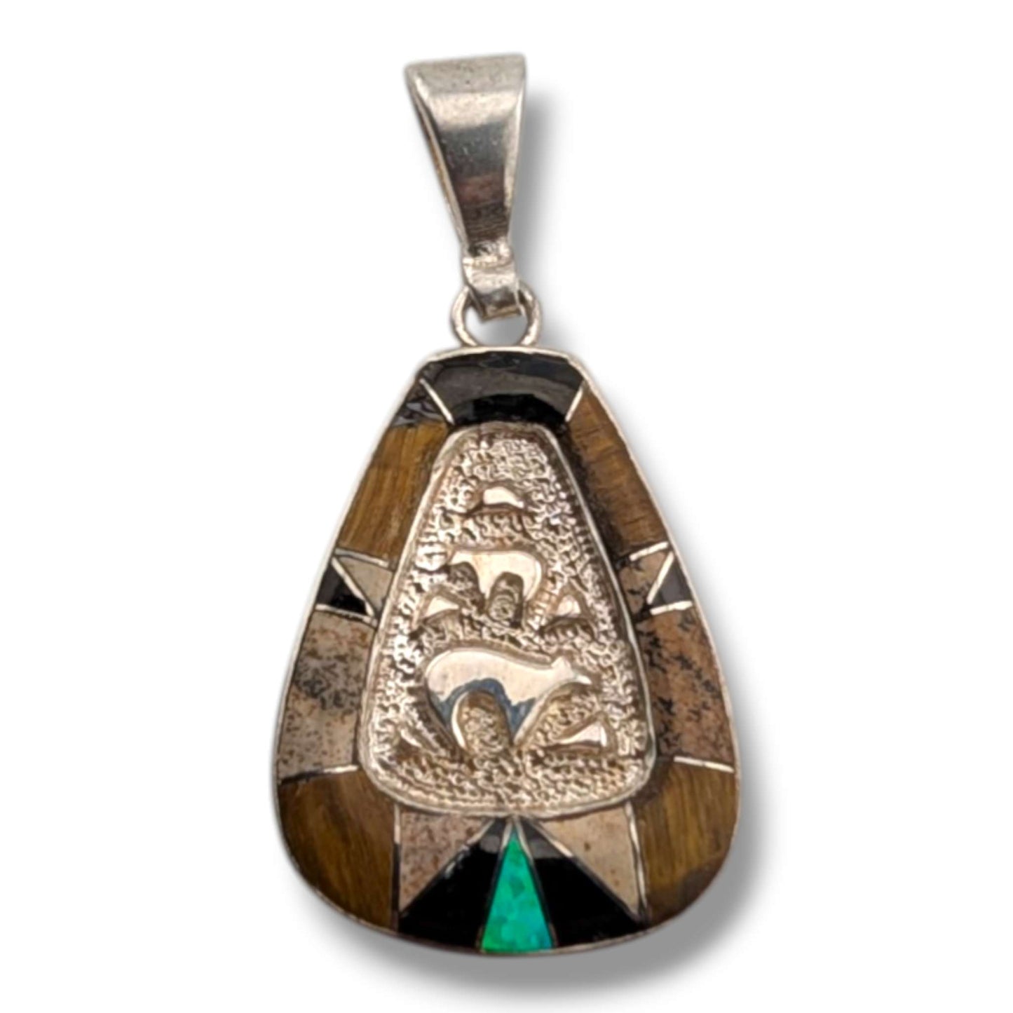 Sterling Silver Bear Family Repoussé Pendant Tiger's Eye Black Onyx Blue Opal Inlay