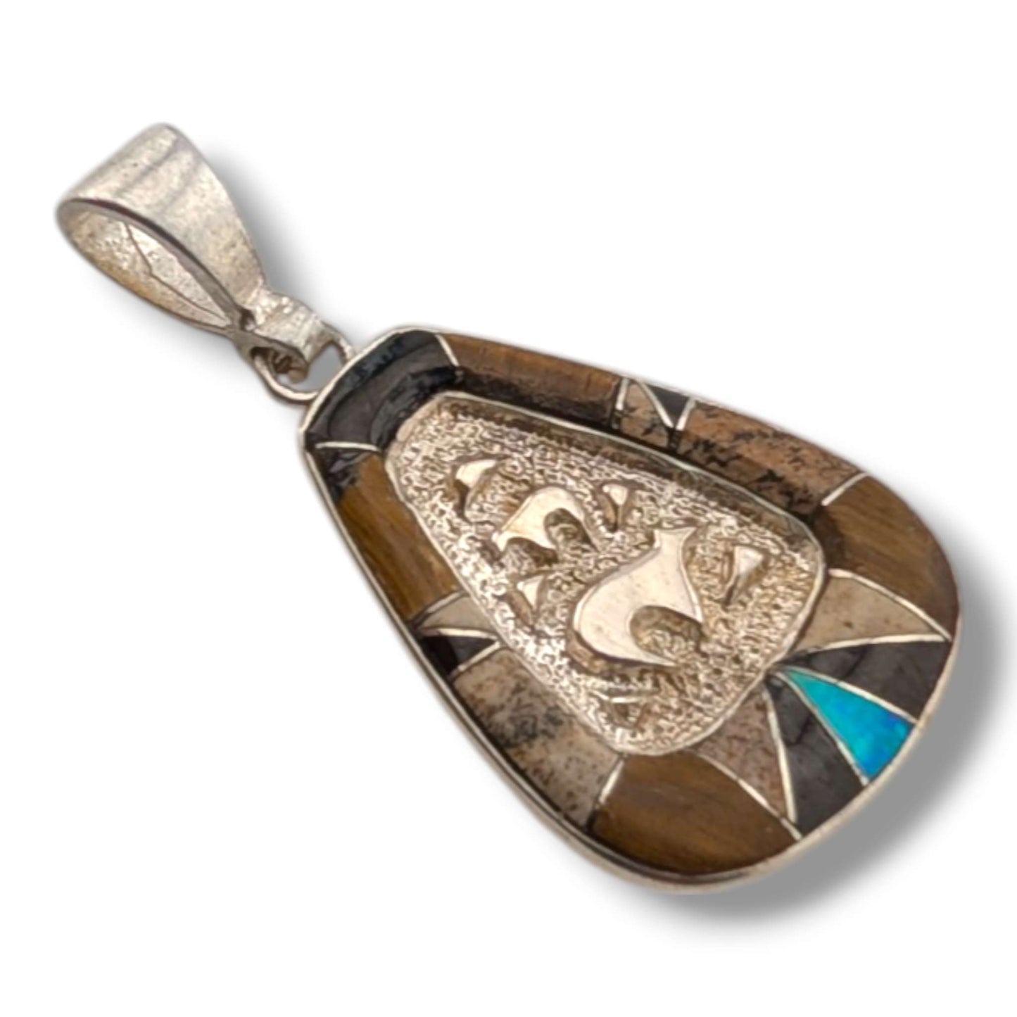 Sterling Silver Bear Family Repoussé Pendant Tiger's Eye Black Onyx Blue Opal Inlay