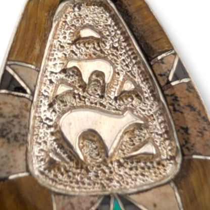 Sterling Silver Bear Family Repoussé Pendant Tiger's Eye Black Onyx Blue Opal Inlay