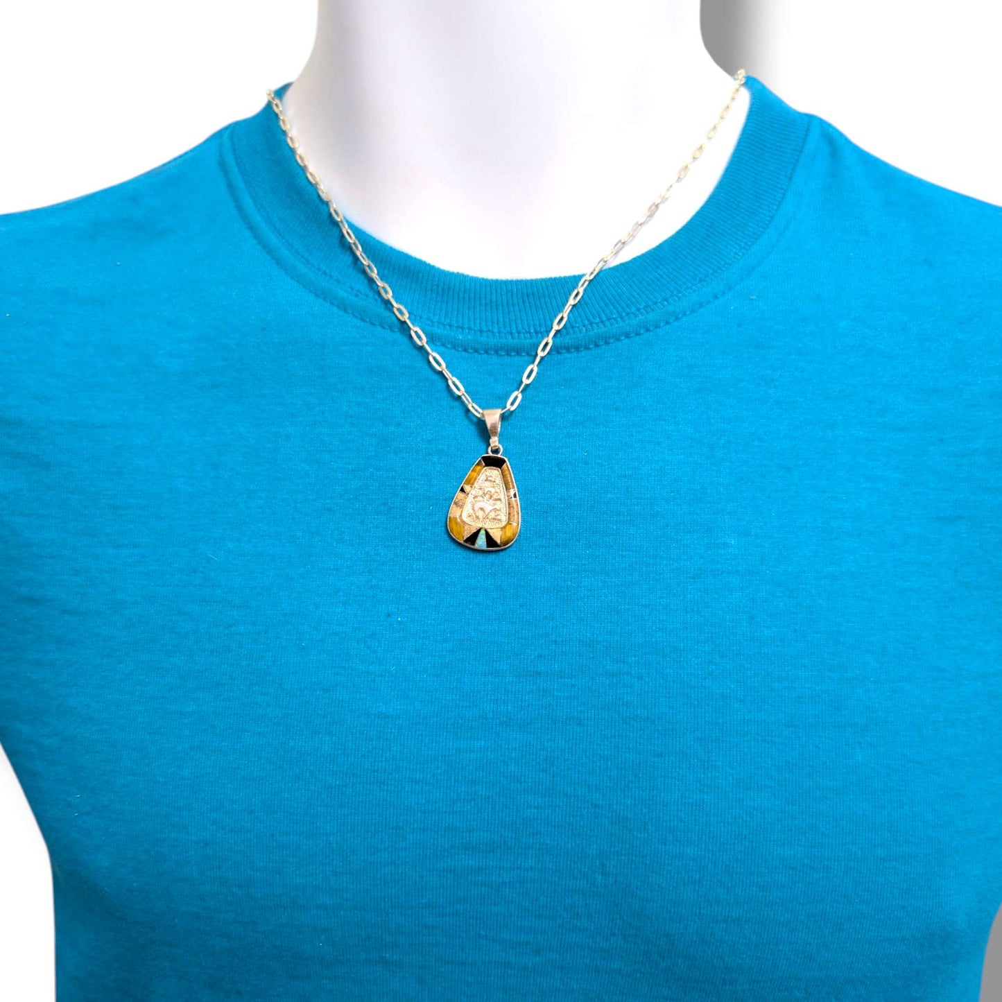 Sterling Silver Bear Family Repoussé Pendant Tiger's Eye Black Onyx Blue Opal Inlay