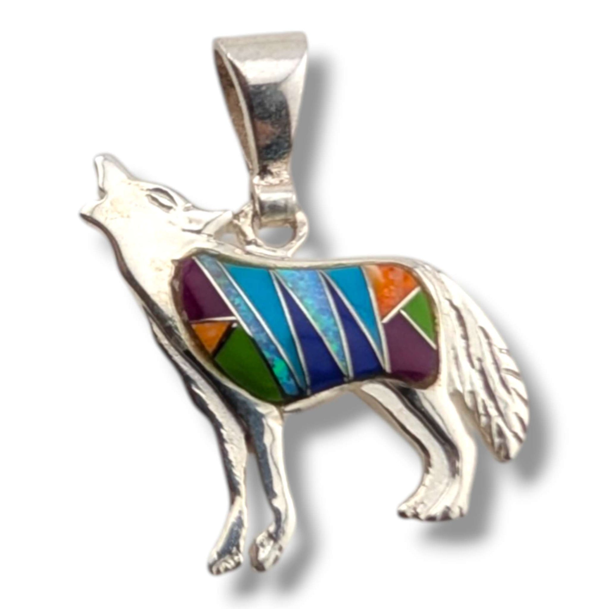 Sterling Silver Howling Wolf Pendant Multi - Stone Inlay Turquoise Sugilite Spiny Oyster Gaspeite Opal Lapis - SunWest Treasures