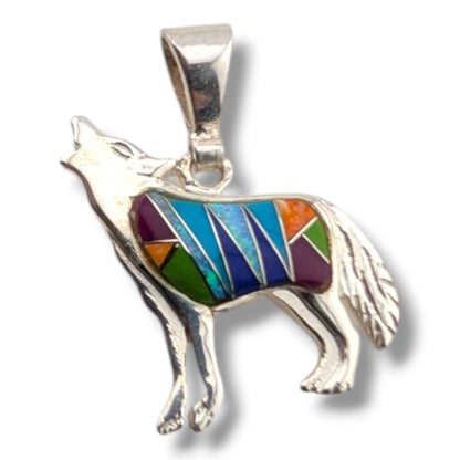 Sterling Silver Howling Wolf Pendant Multi - Stone Inlay Turquoise Sugilite Spiny Oyster Gaspeite Opal Lapis - SunWest Treasures