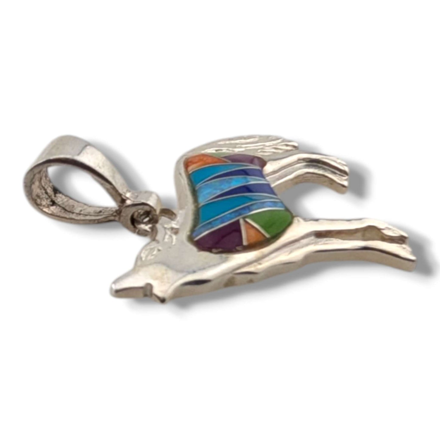 Sterling Silver Howling Wolf Pendant Multi - Stone Inlay Turquoise Sugilite Spiny Oyster Gaspeite Opal Lapis - SunWest Treasures