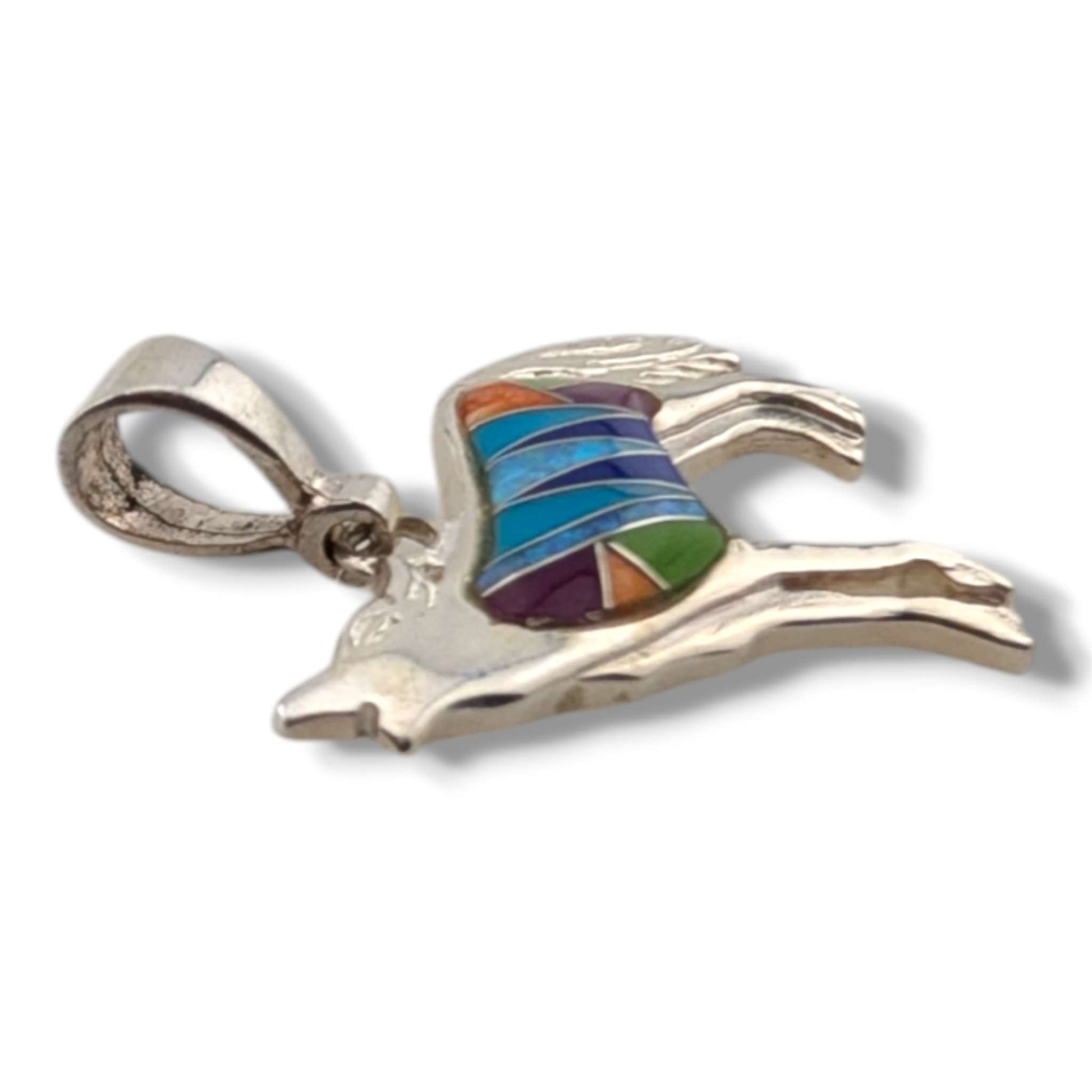 Sterling Silver Howling Wolf Pendant Multi - Stone Inlay Turquoise Sugilite Spiny Oyster Gaspeite Opal Lapis - SunWest Treasures