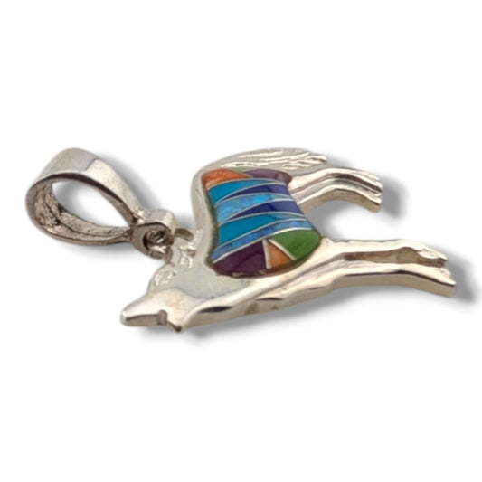 Sterling Silver Howling Wolf Pendant Multi - Stone Inlay Turquoise Sugilite Spiny Oyster Gaspeite Opal Lapis - SunWest Treasures