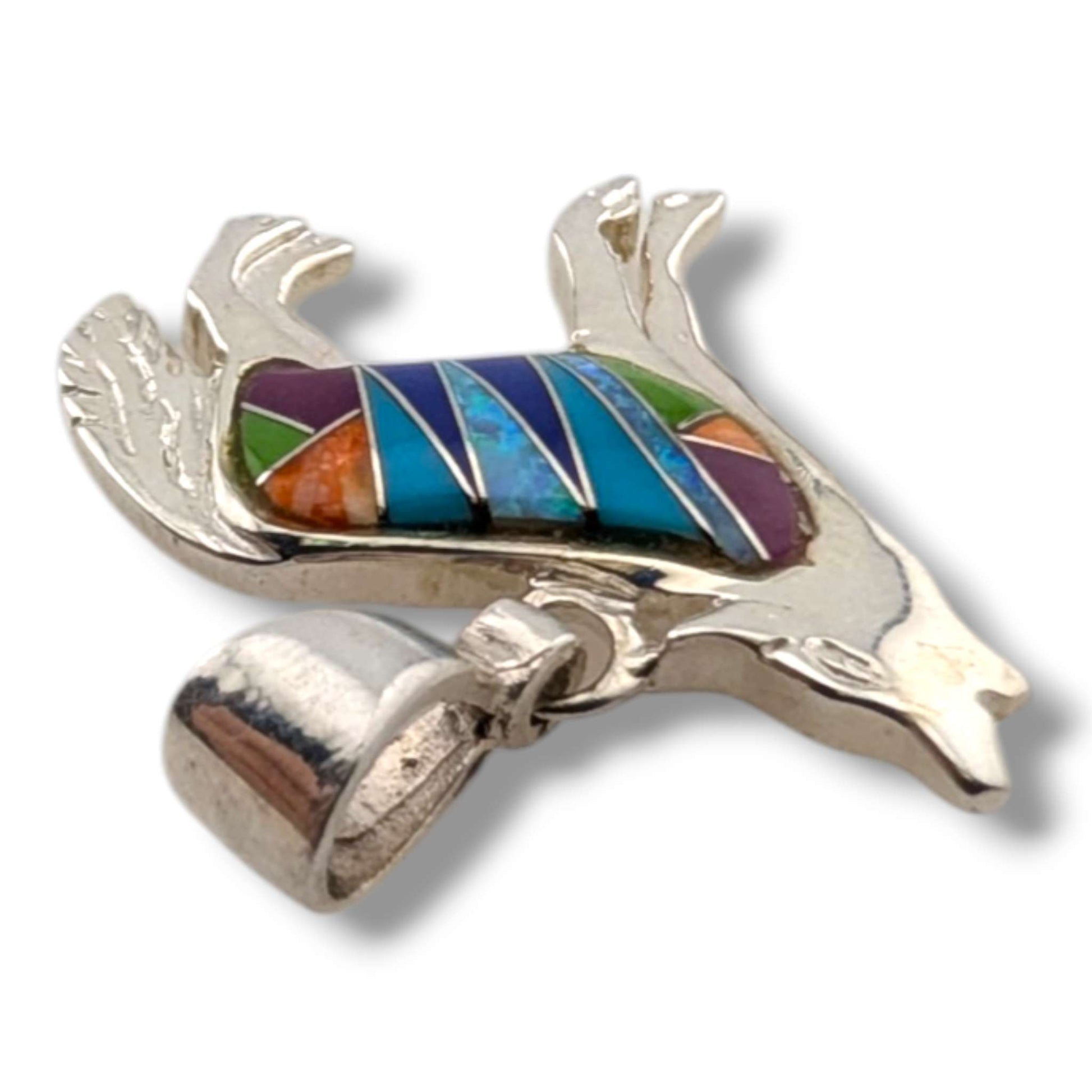 Sterling Silver Howling Wolf Pendant Multi - Stone Inlay Turquoise Sugilite Spiny Oyster Gaspeite Opal Lapis - SunWest Treasures