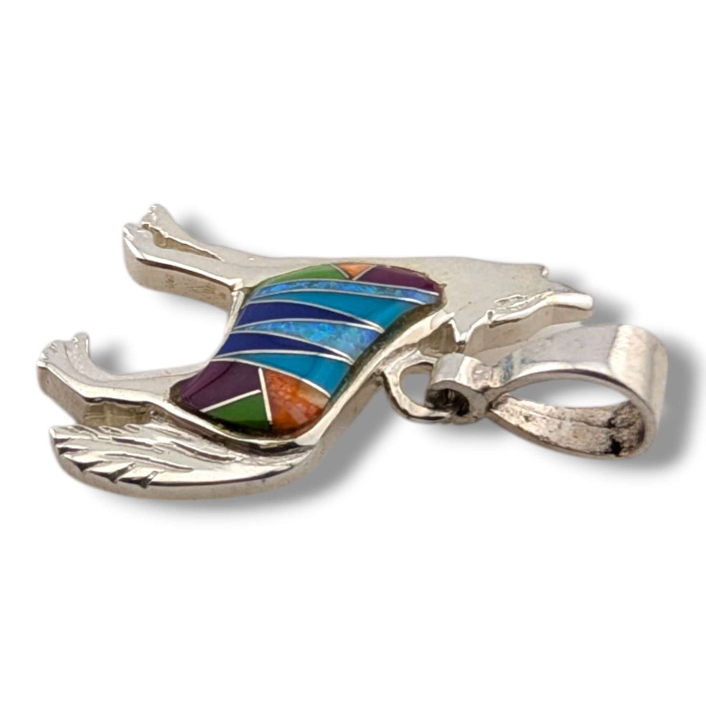 Sterling Silver Howling Wolf Pendant Multi - Stone Inlay Turquoise Sugilite Spiny Oyster Gaspeite Opal Lapis - SunWest Treasures