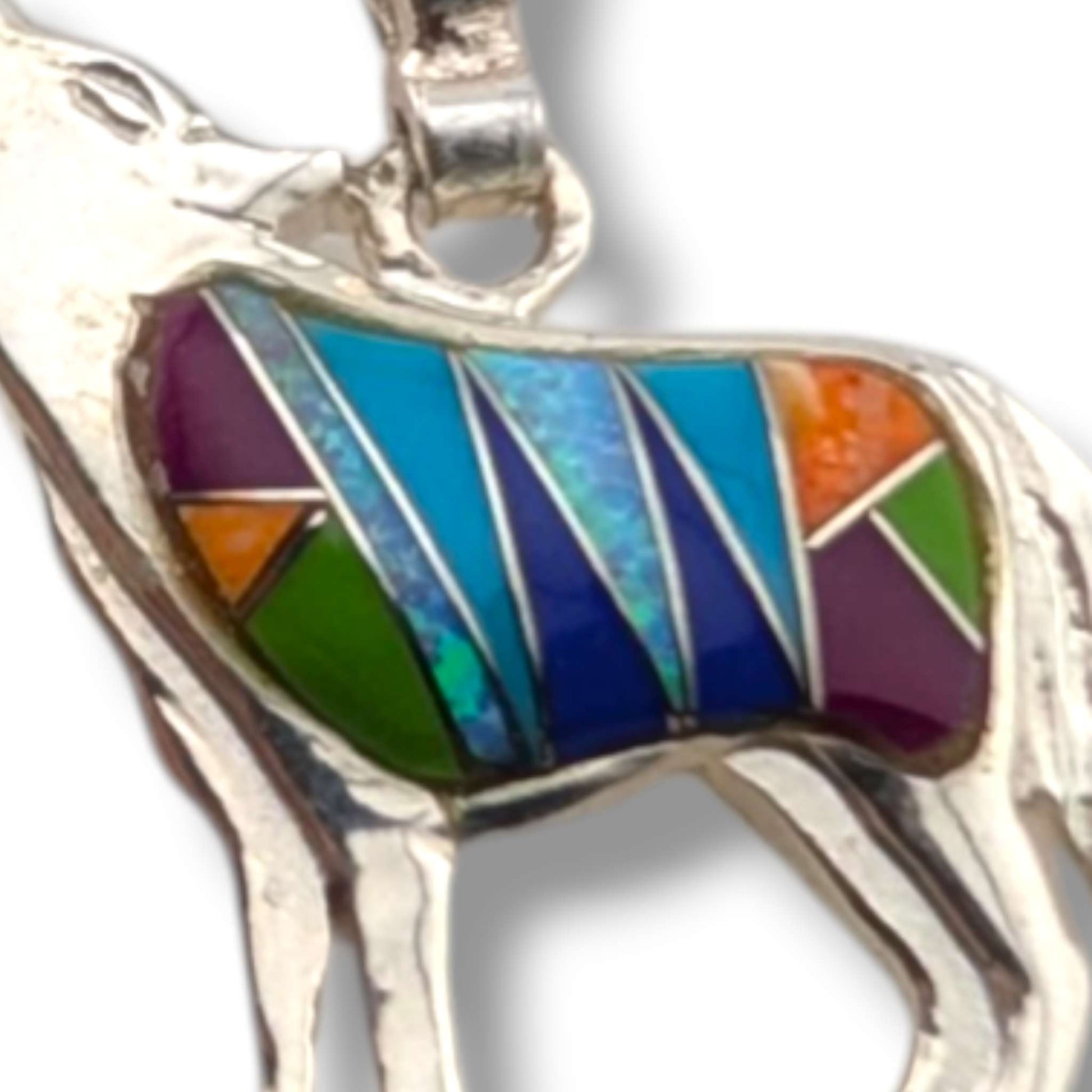 Sterling Silver Howling Wolf Pendant Multi - Stone Inlay Turquoise Sugilite Spiny Oyster Gaspeite Opal Lapis - SunWest Treasures