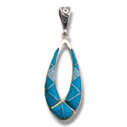 Sterling Silver Open Teardrop Pendant Rainbow Multi - Stone Inlay Turquoise Opal Sugilite Spiny Oyster Lapis Gaspeite - SunWest Treasures