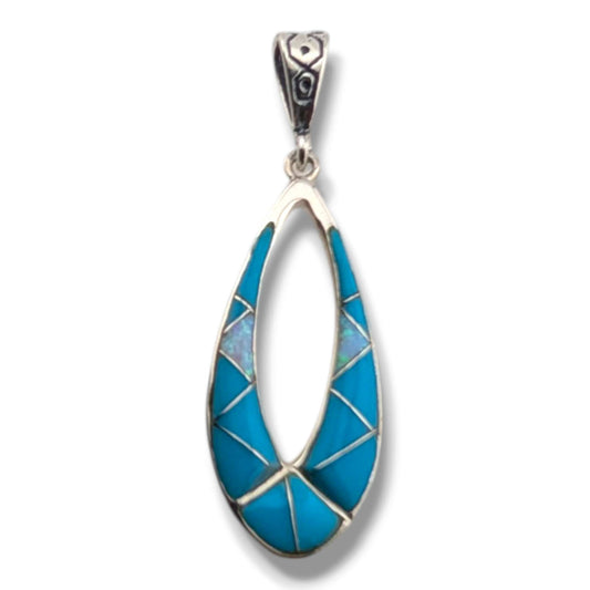 Sterling Silver Open Teardrop Pendant Rainbow Multi - Stone Inlay Turquoise Opal Sugilite Spiny Oyster Lapis Gaspeite - SunWest Treasures