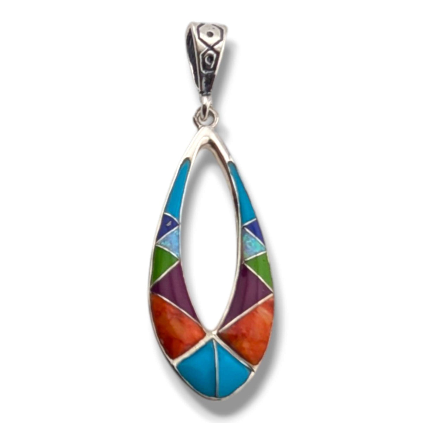 Sterling Silver Open Teardrop Pendant Rainbow Multi - Stone Inlay Turquoise Opal Sugilite Spiny Oyster Lapis Gaspeite - SunWest Treasures