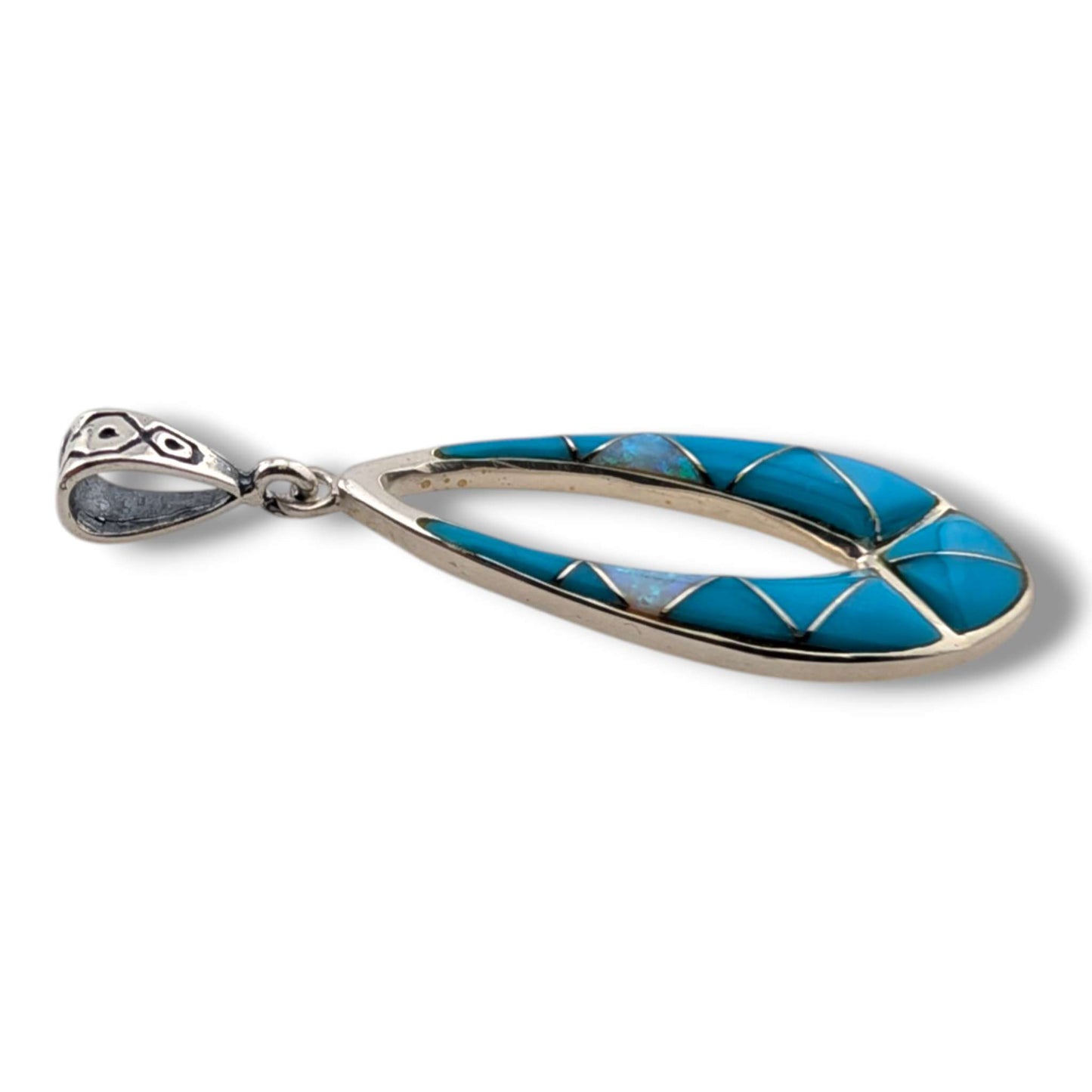 Sterling Silver Open Teardrop Pendant Rainbow Multi - Stone Inlay Turquoise Opal Sugilite Spiny Oyster Lapis Gaspeite - SunWest Treasures