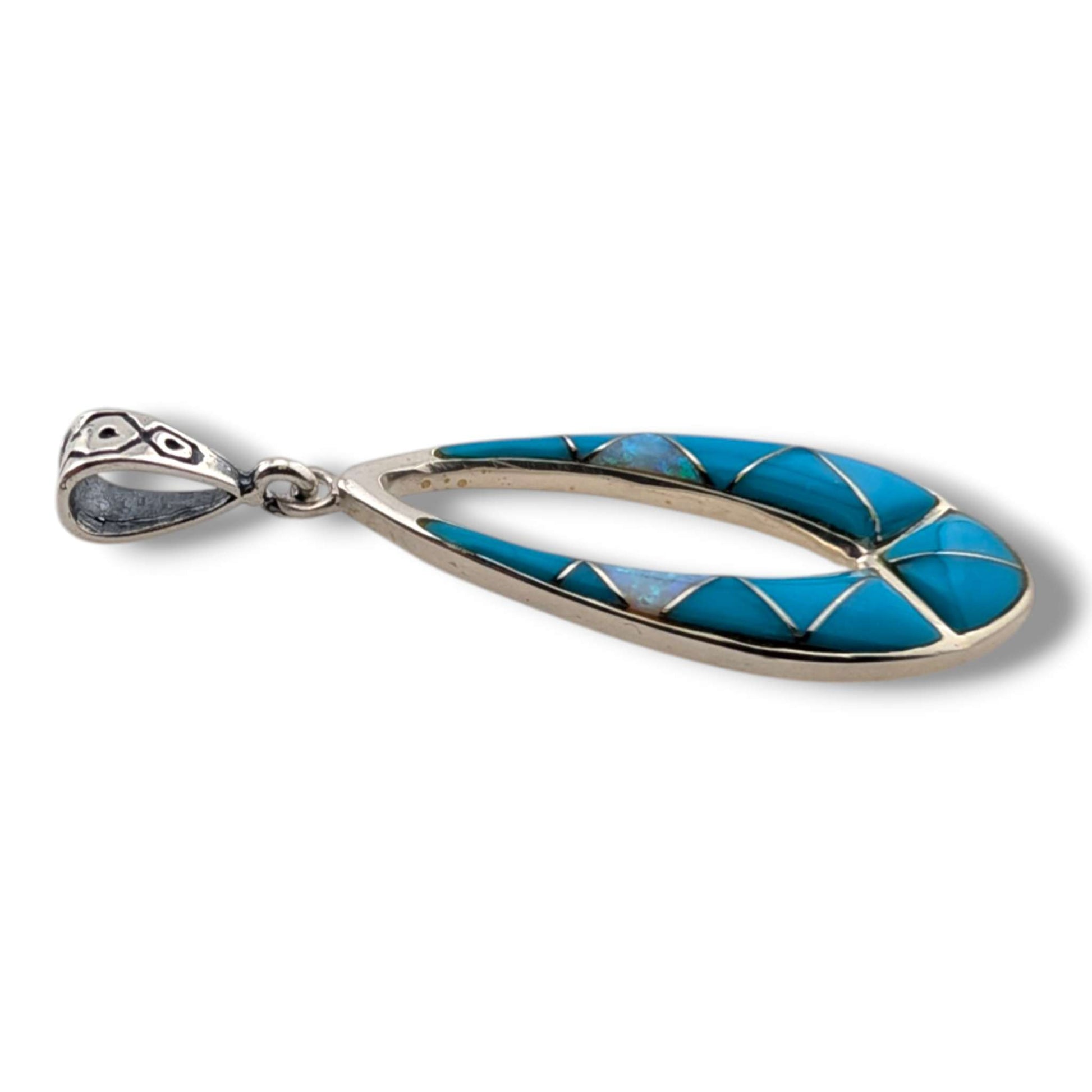 Sterling Silver Open Teardrop Pendant Rainbow Multi - Stone Inlay Turquoise Opal Sugilite Spiny Oyster Lapis Gaspeite - SunWest Treasures