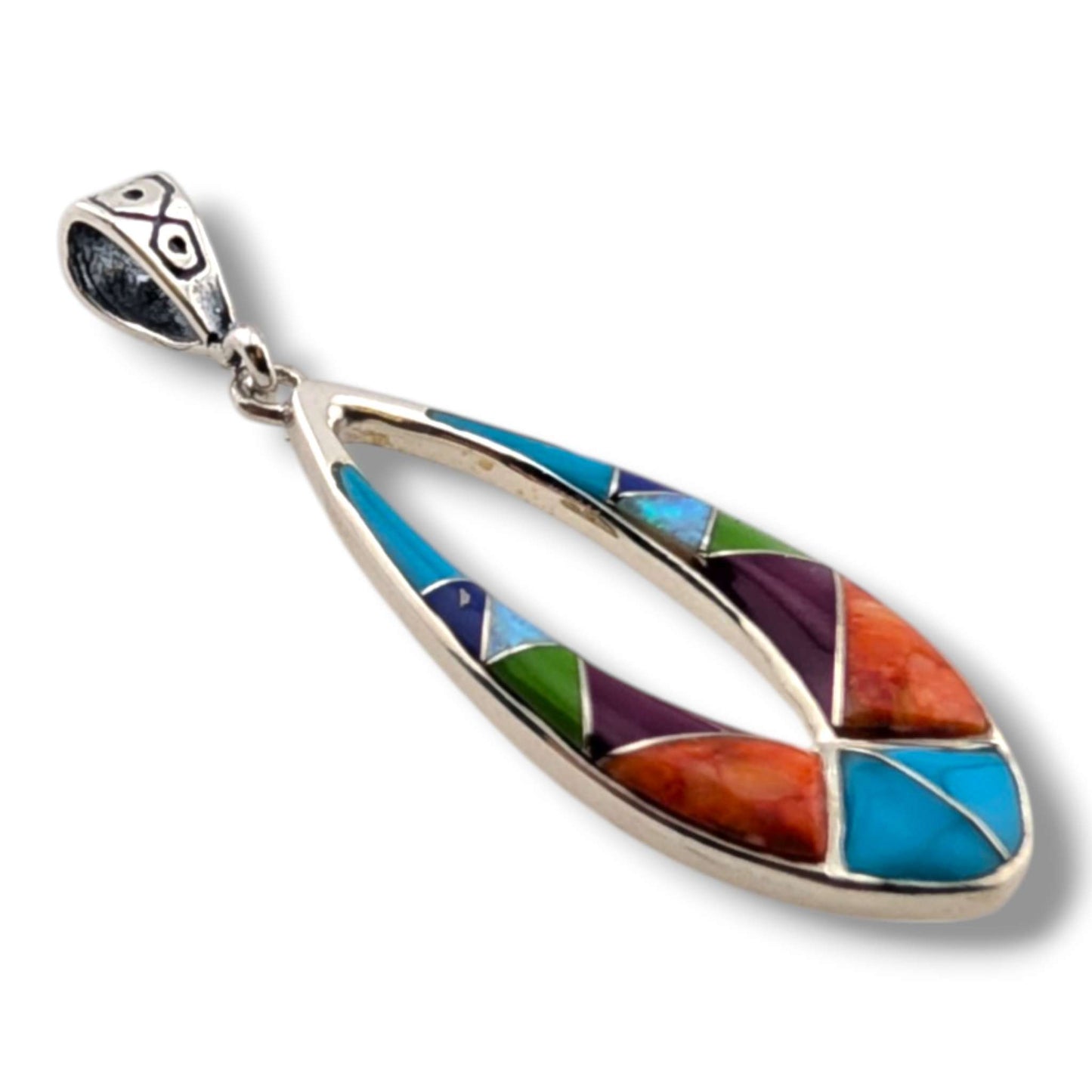 Sterling Silver Open Teardrop Pendant Rainbow Multi - Stone Inlay Turquoise Opal Sugilite Spiny Oyster Lapis Gaspeite - SunWest Treasures