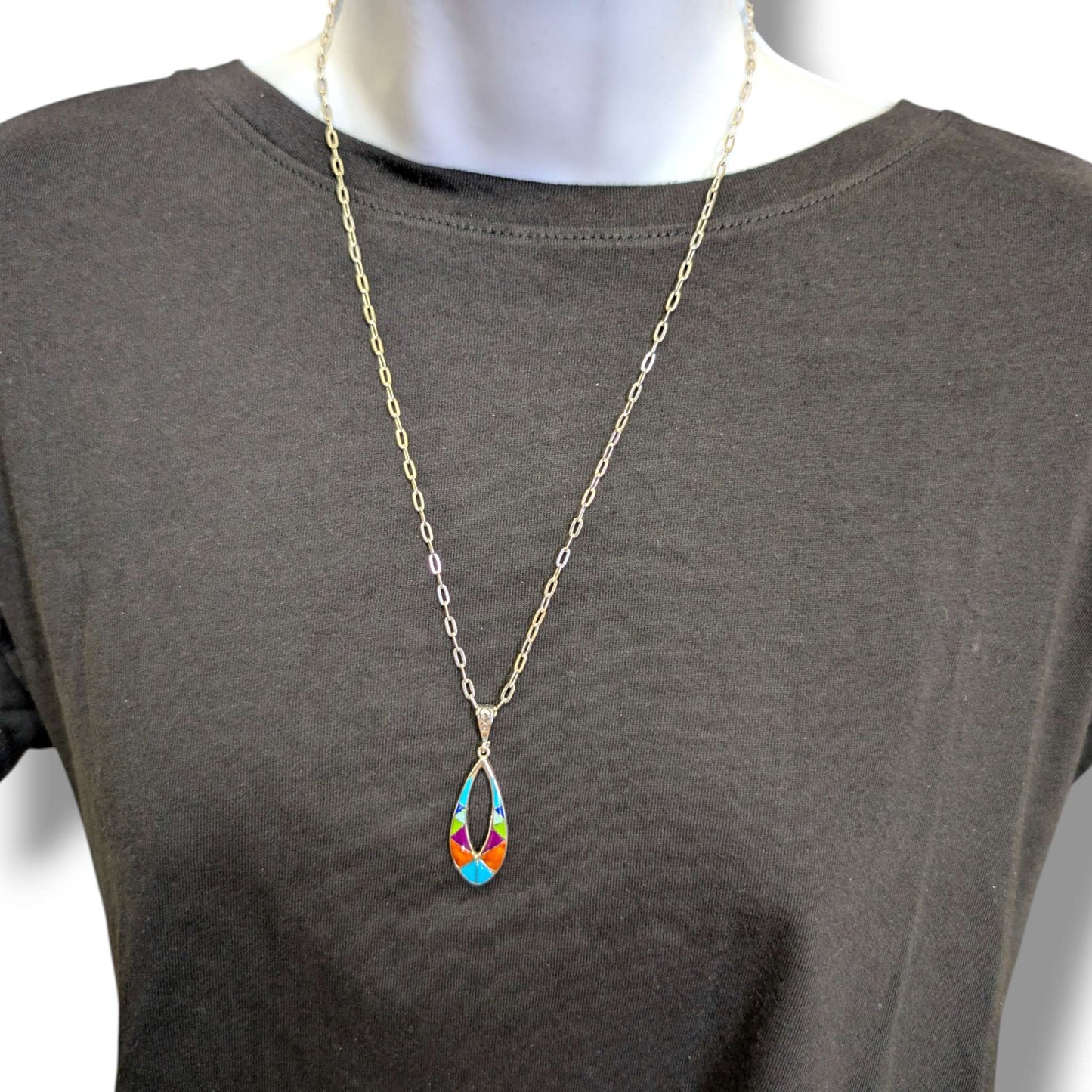 Sterling Silver Open Teardrop Pendant Rainbow Multi - Stone Inlay Turquoise Opal Sugilite Spiny Oyster Lapis Gaspeite - SunWest Treasures