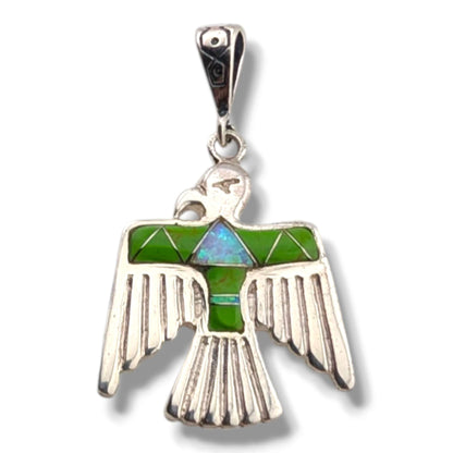 Sterling Silver Thunderbird Pendant Inlay Gaspeite and White Opal or Spiny Oyster and White Opal - SunWest Treasures