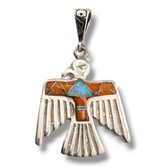 Sterling Silver Thunderbird Pendant Inlay Gaspeite and White Opal or Spiny Oyster and White Opal - SunWest Treasures