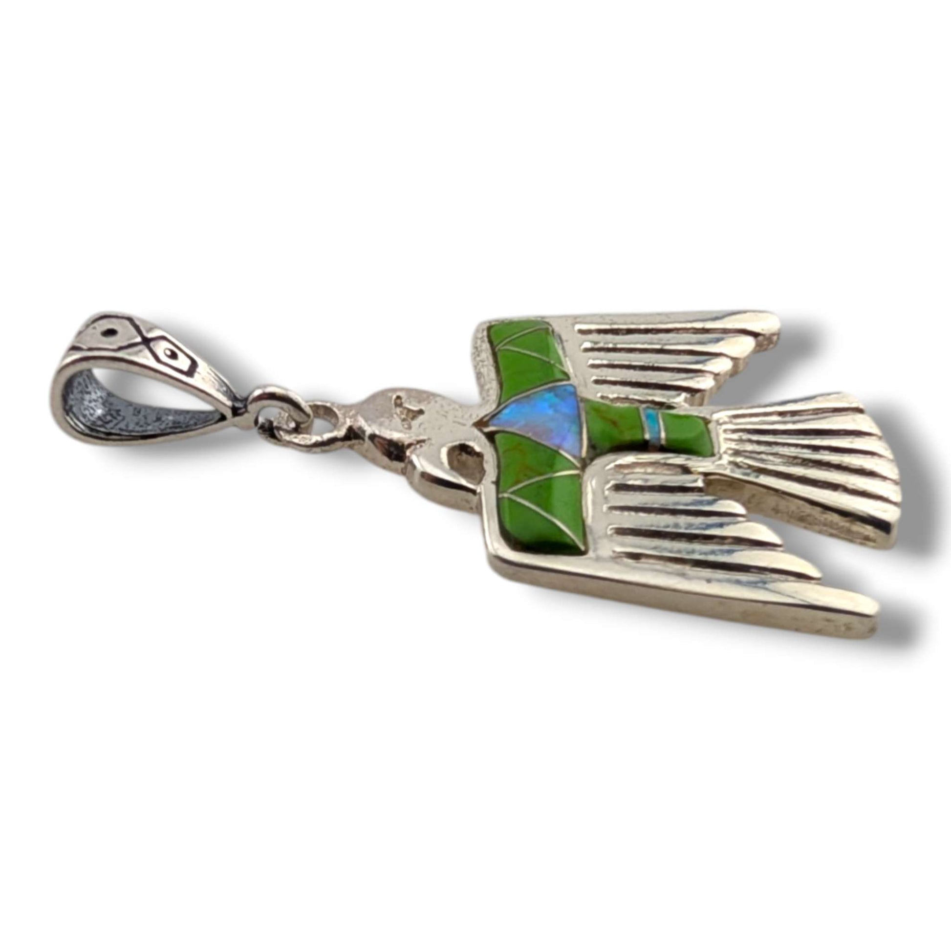 Sterling Silver Thunderbird Pendant Inlay Gaspeite and White Opal or Spiny Oyster and White Opal - SunWest Treasures