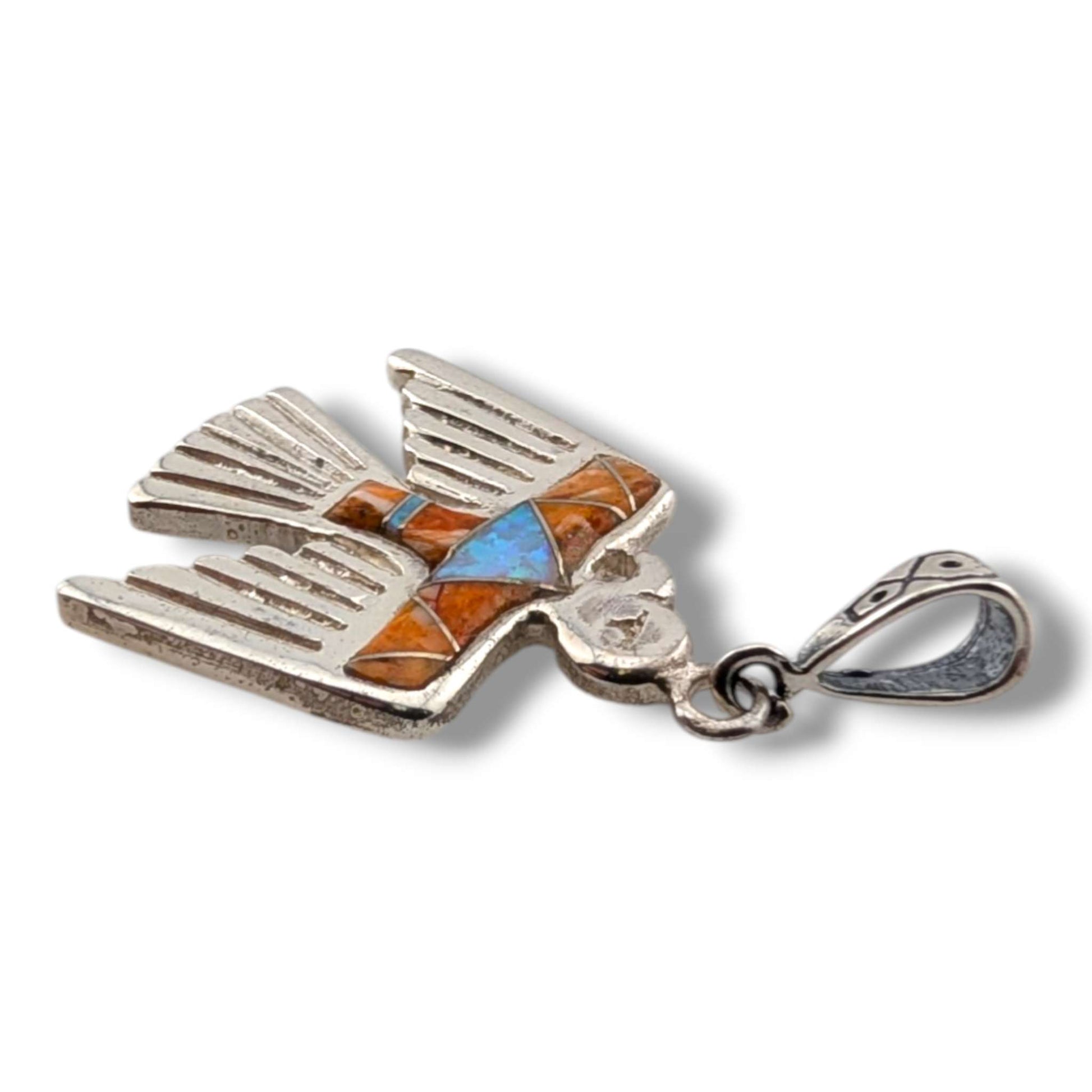 Sterling Silver Thunderbird Pendant Inlay Gaspeite and White Opal or Spiny Oyster and White Opal - SunWest Treasures