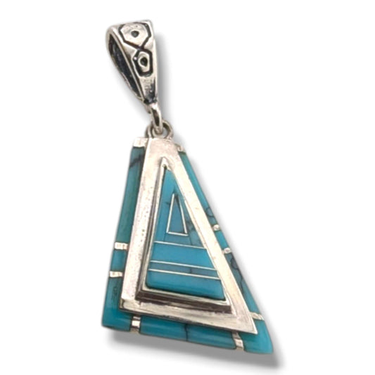 Sterling Silver Geometric Triangle Pendant Inlay Black Onyx Turquoise or Spiny Oyster - SunWest Treasures