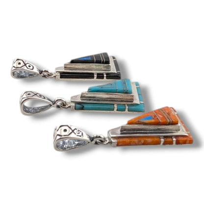 Sterling Silver Geometric Triangle Pendant Inlay Black Onyx Turquoise or Spiny Oyster - SunWest Treasures
