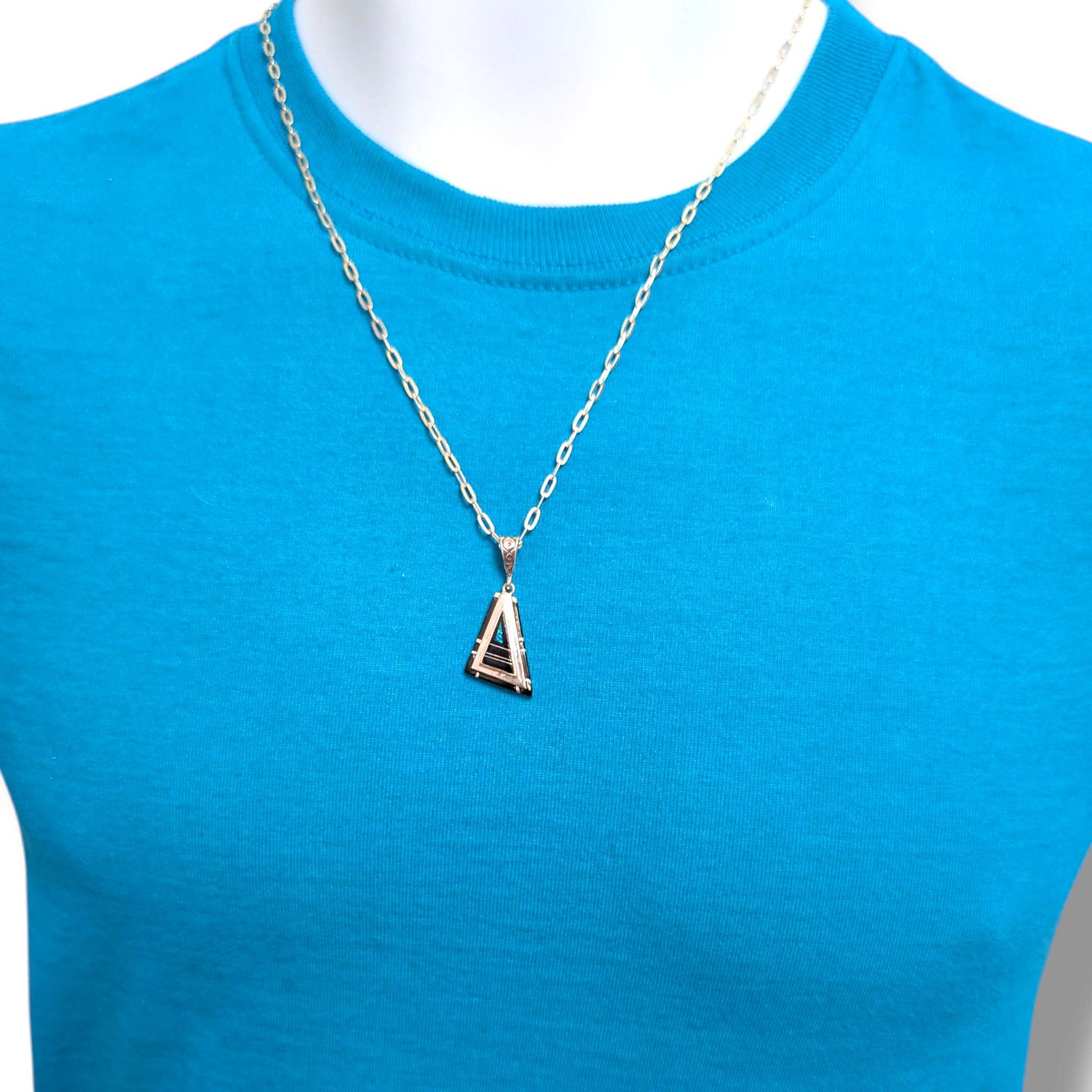 Sterling Silver Geometric Triangle Pendant Inlay Black Onyx Turquoise or Spiny Oyster - SunWest Treasures