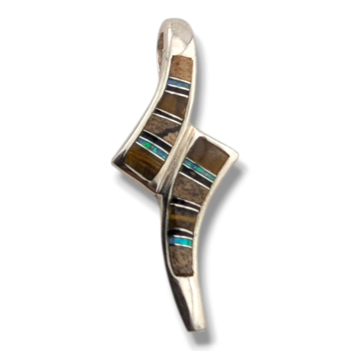 Sterling Silver Twist Inlay Pendant Turquoise, Denim Lapis and Opal, or Tiger's Eye Black Onyx and Opal - SunWest Treasures