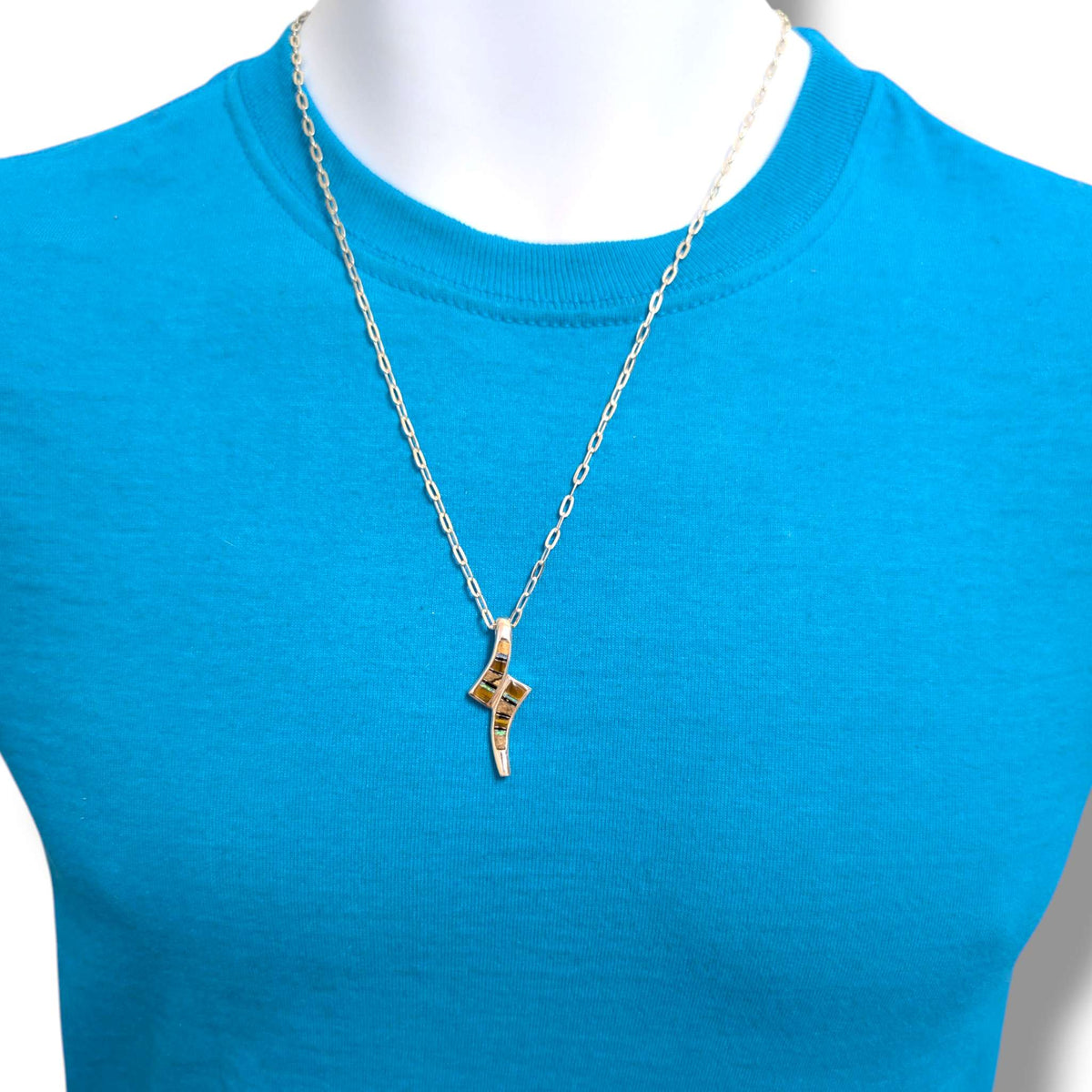 Sterling Silver Twist Inlay Pendant Turquoise, Denim Lapis and Opal, or Tiger's Eye Black Onyx and Opal - SunWest Treasures