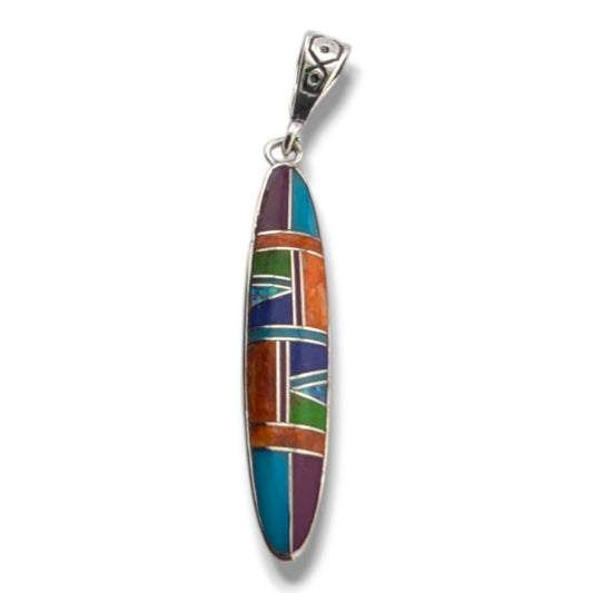 Sterling Silver Marquise Inlay Pendant Turquoise or Rainbow Multi-Stone