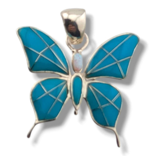 Sterling Silver Inlay Opal Butterfly Pendant