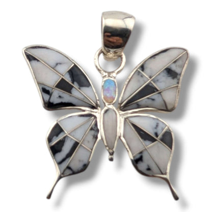 Sterling Silver Inlay Opal Butterfly Pendant