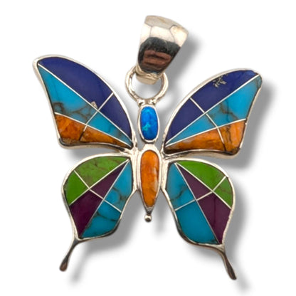Sterling Silver Inlay Opal Butterfly Pendant