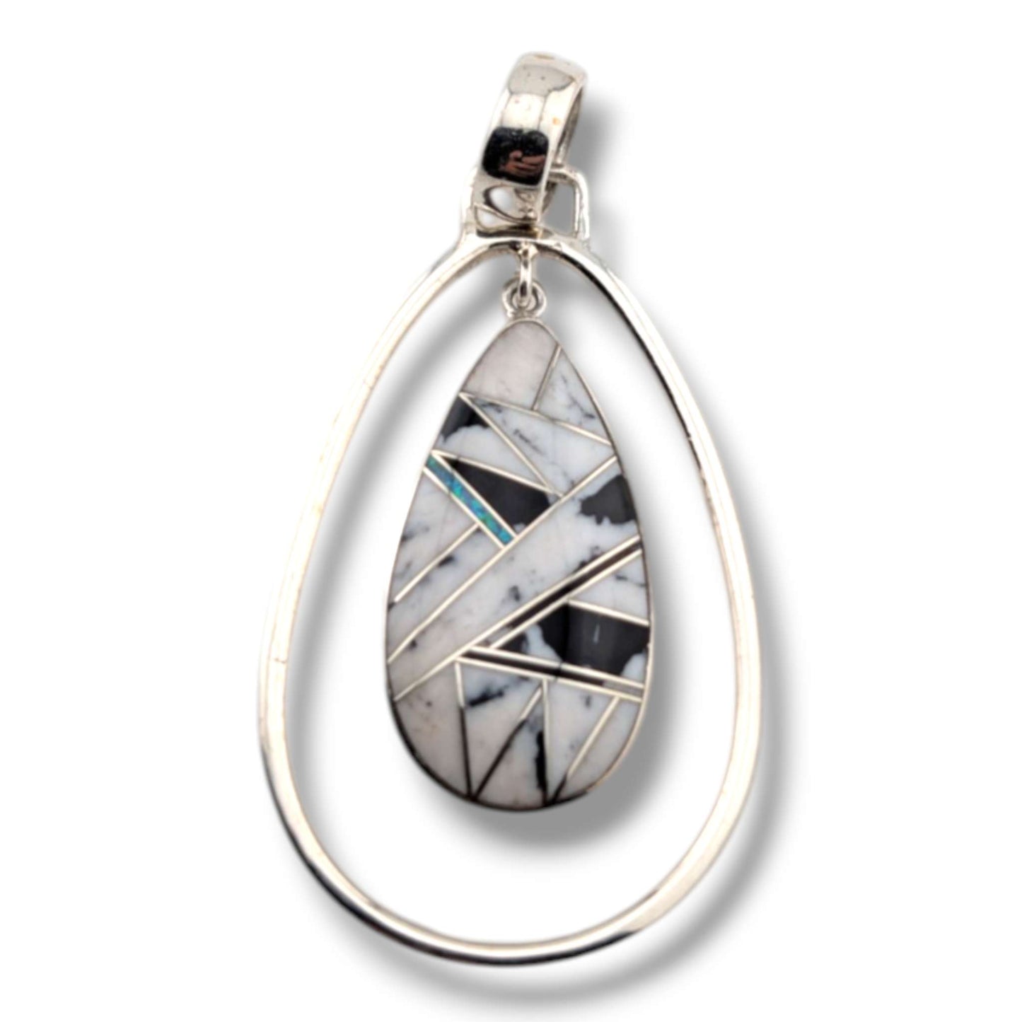 Sterling Silver Inlay Opal Hollow Teardrop Pendant