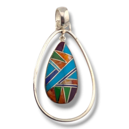 Sterling Silver Inlay Opal Hollow Teardrop Pendant