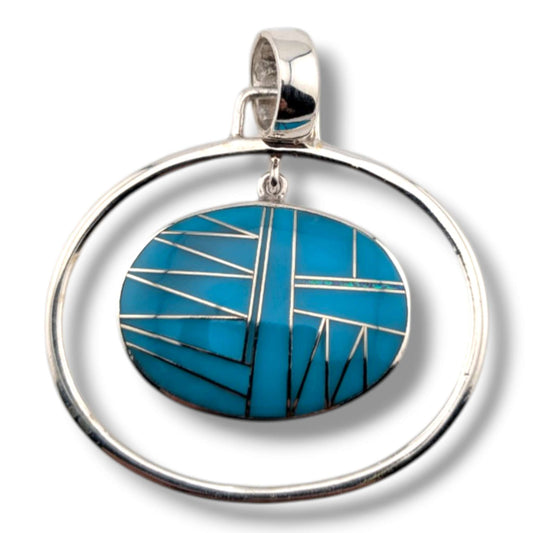 Sterling Silver Geometric Inlay Opal Oval Hoop Pendant