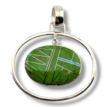 Sterling Silver Geometric Inlay Opal Oval Hoop Pendant