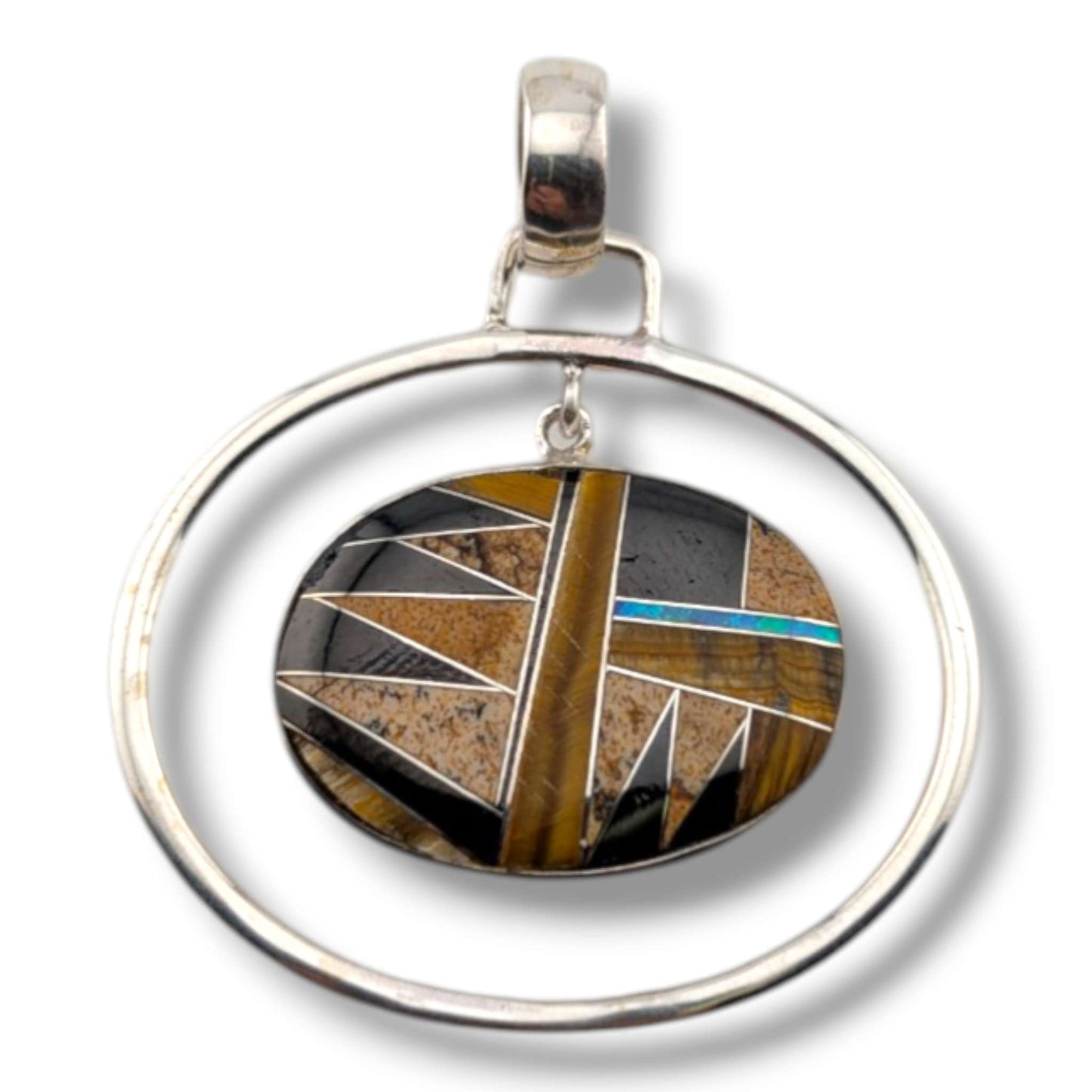 Sterling Silver Geometric Inlay Opal Oval Hoop Pendant