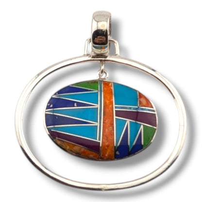 Sterling Silver Geometric Inlay Opal Oval Hoop Pendant