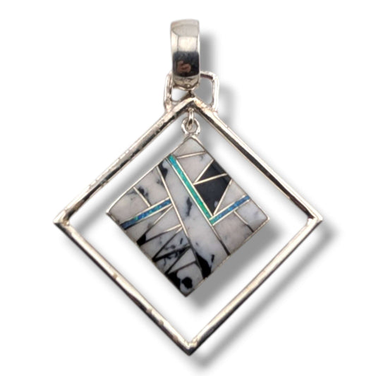 Sterling Silver Geometric Inlay Opal Diamond Hoop Pendant