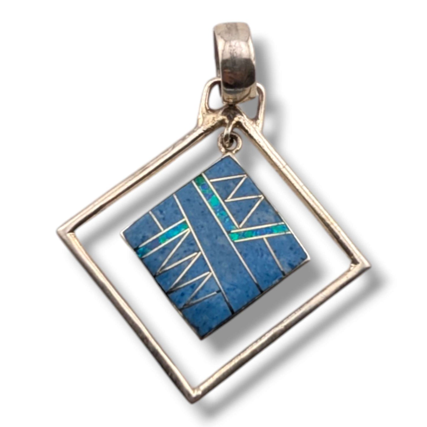Sterling Silver Geometric Inlay Opal Diamond Hoop Pendant