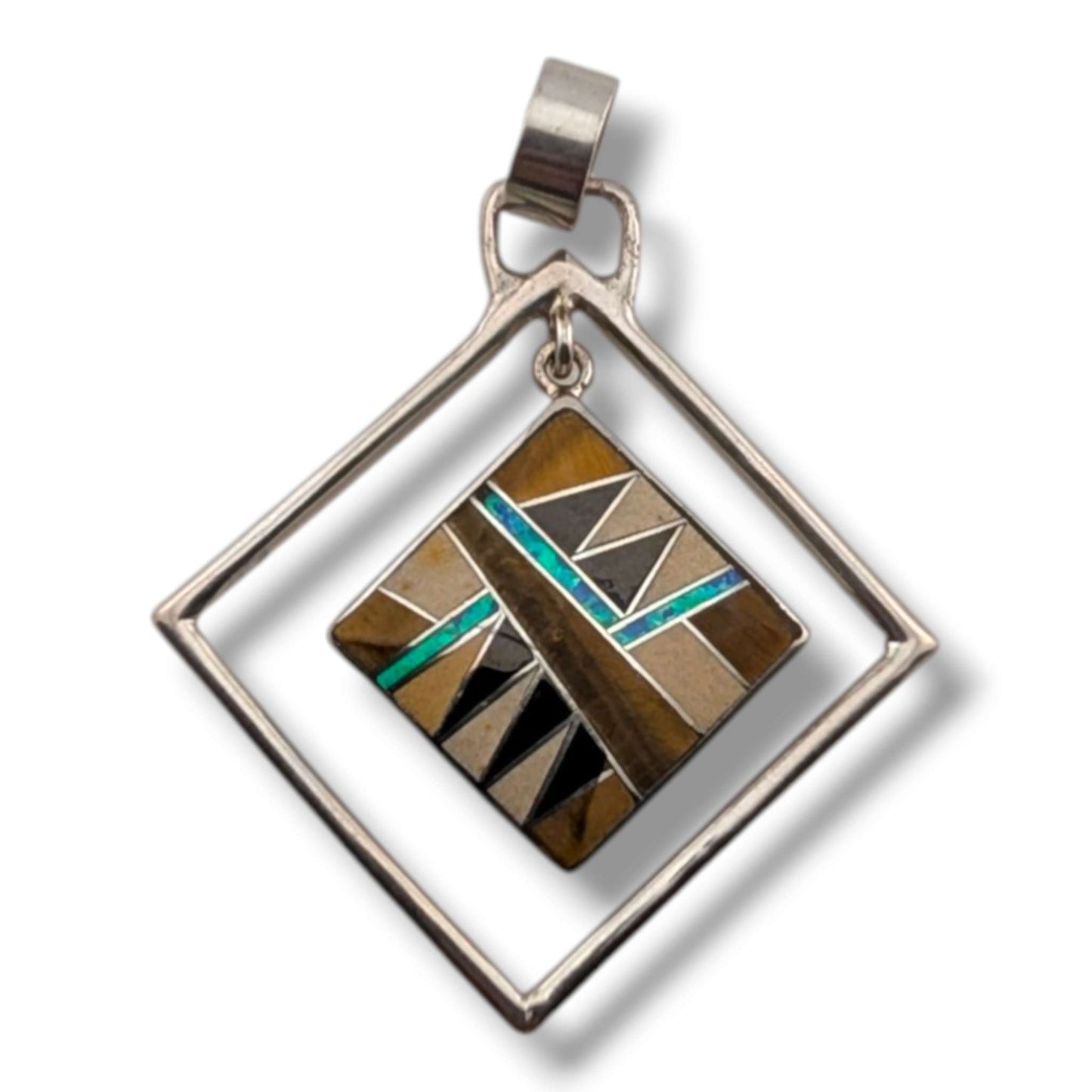 Sterling Silver Geometric Inlay Opal Diamond Hoop Pendant