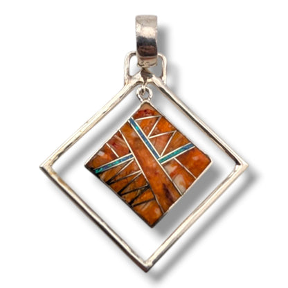 Sterling Silver Geometric Inlay Opal Diamond Hoop Pendant