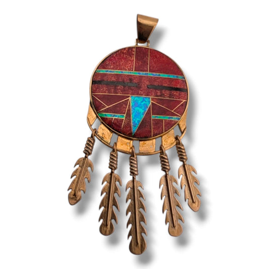 Bronze Inlay Opal Sunface Pendant with Feathers by OP