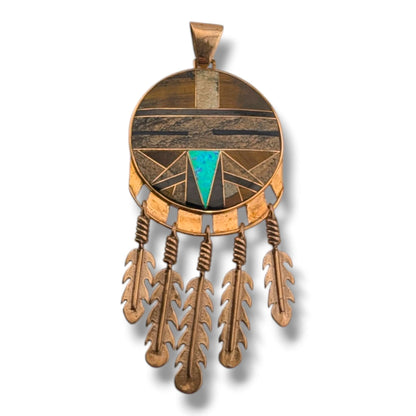 Bronze Inlay Opal Sunface Pendant with Feathers by OP