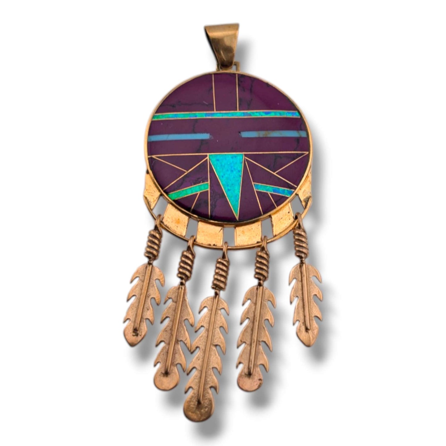Bronze Inlay Opal Sunface Pendant with Feathers by OP