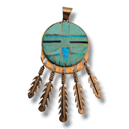 Bronze Inlay Opal Sunface Pendant with Feathers by OP