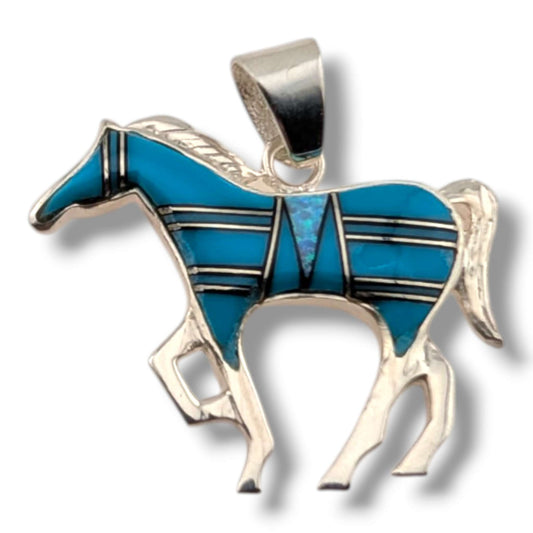 Sterling Silver Inlay Opal Horse Pendant